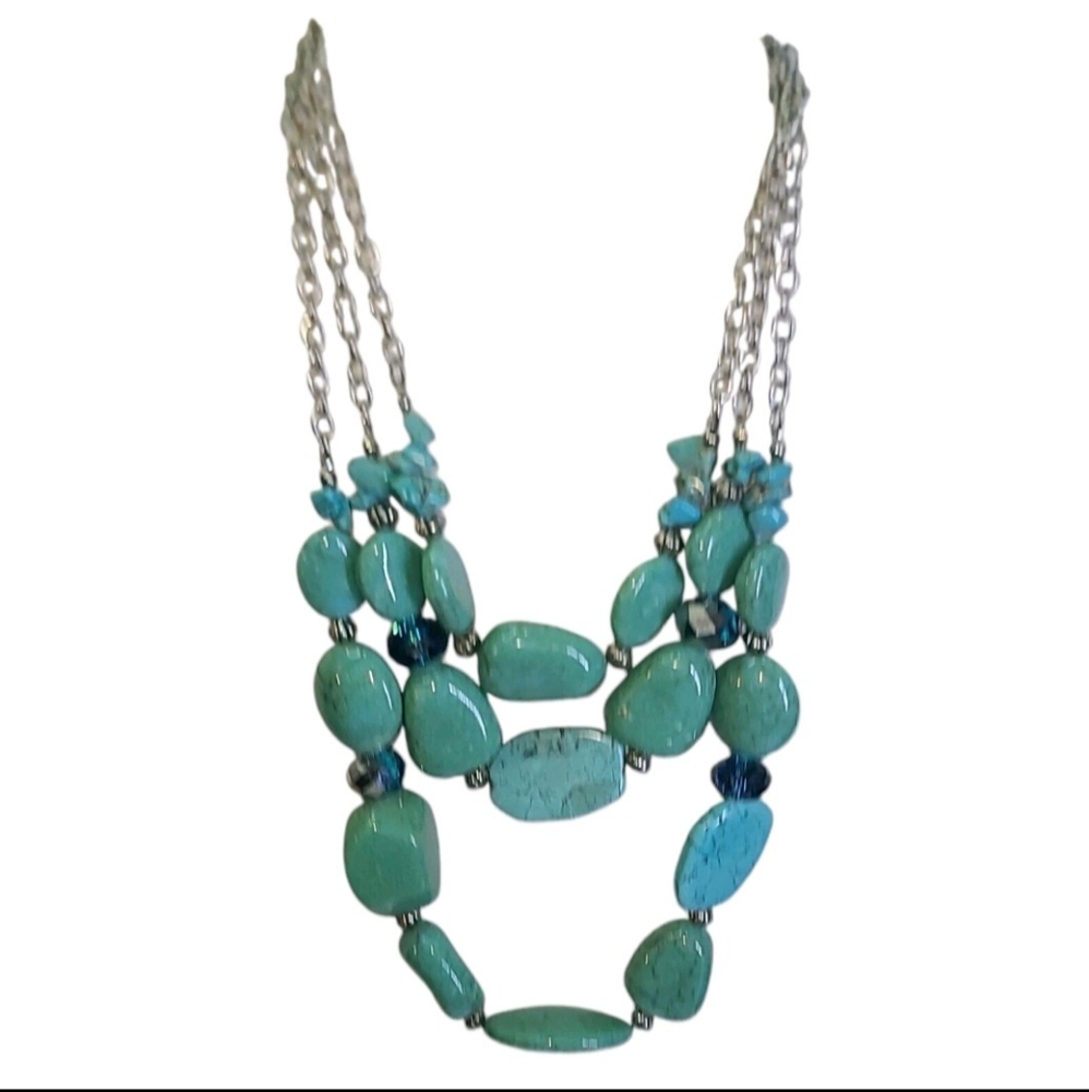 Y2k Turquoise Color Crystal Stone & Acrylic Statement Necklace 14"-17" Vtg